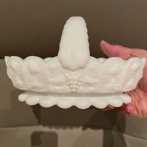 Vintage Westmoreland White Milk Glass Oval Basket Candy Dish Embossed Grapes